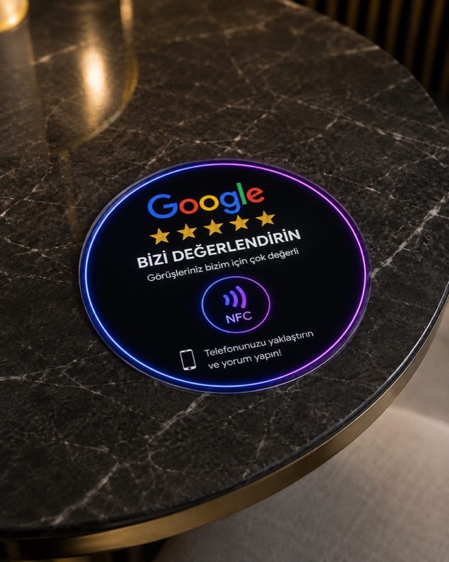 Google Review Card — yuvarlak masa kartı, neon tasarım