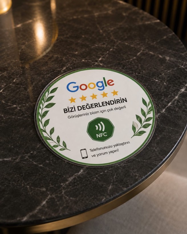 Google Review Card — yuvarlak masa kartı, yeşil tasarım